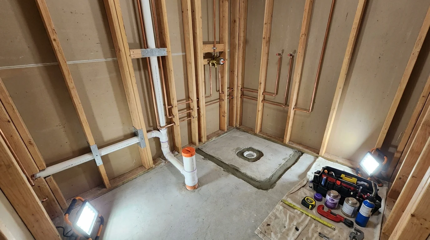 Bathroom rough-in plumbing during remodel by Johns Plumbing LLC in McLoud