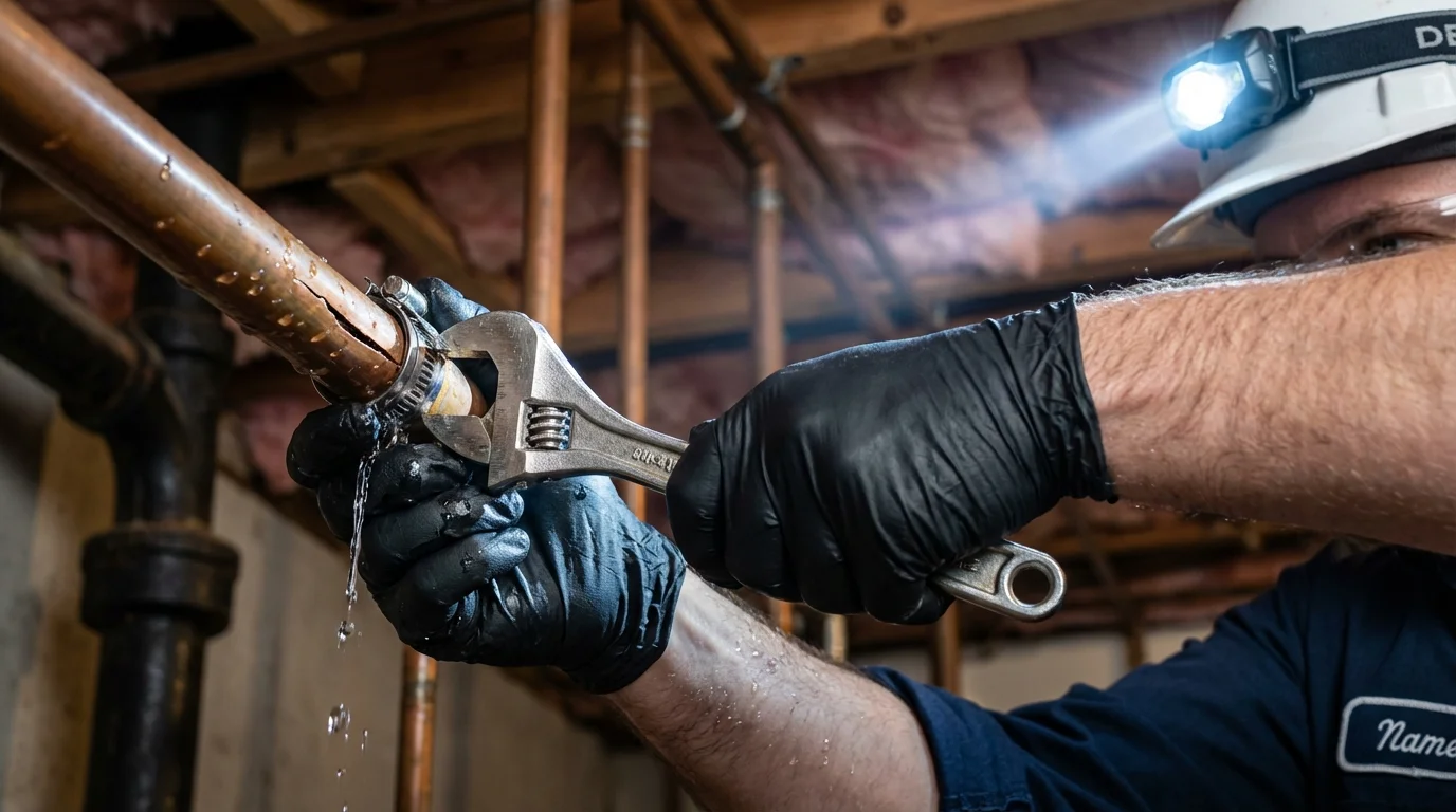 Emergency pipe clamp repair being performed by a Johns Plumbing LLC plumber in McLoud
