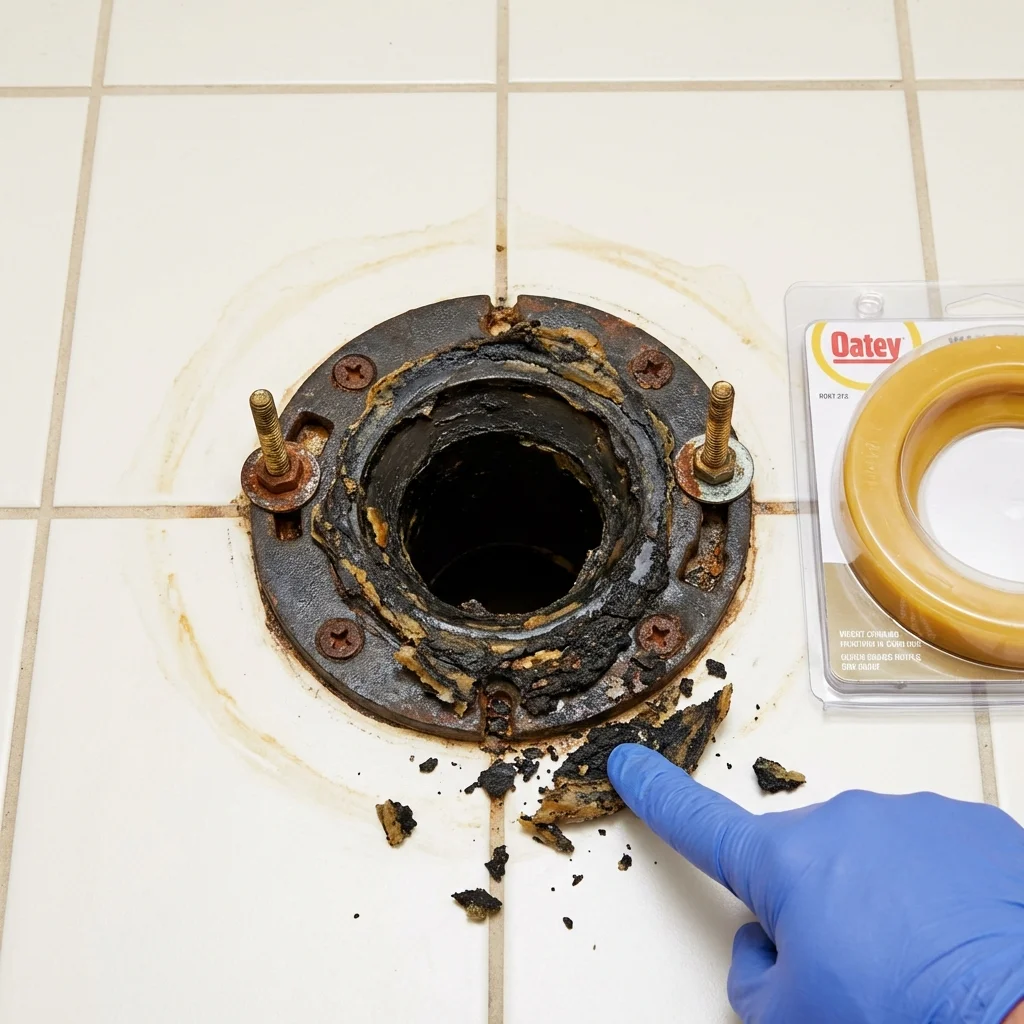 Failed wax ring showing water seepage at the base of a toilet in a McLoud, OK home
